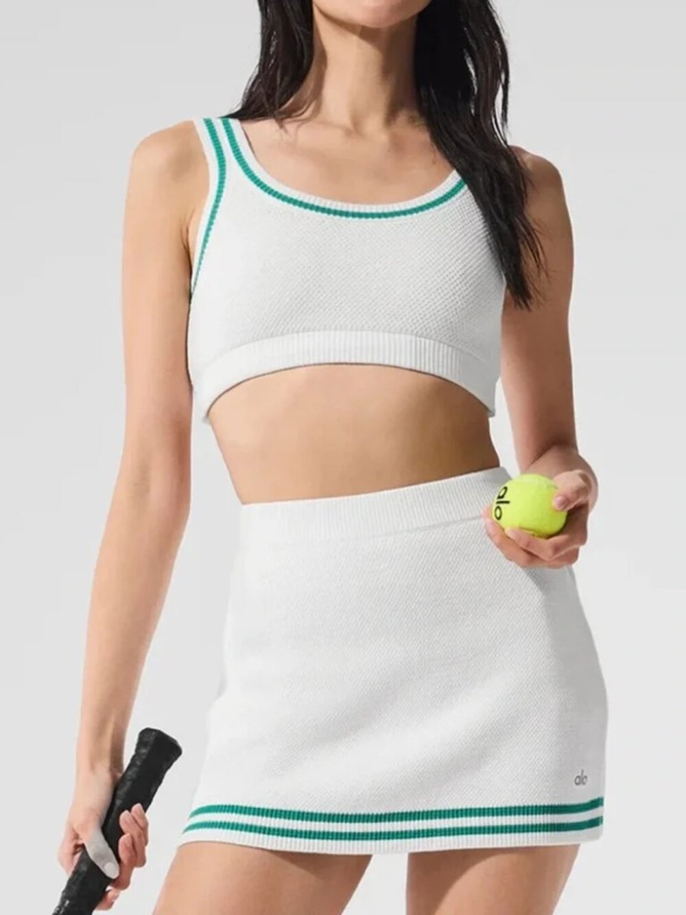 2 PC SET! Alo Yoga Tennis Club Sweater Knit Bra & Skort XXS White/Spruce Green